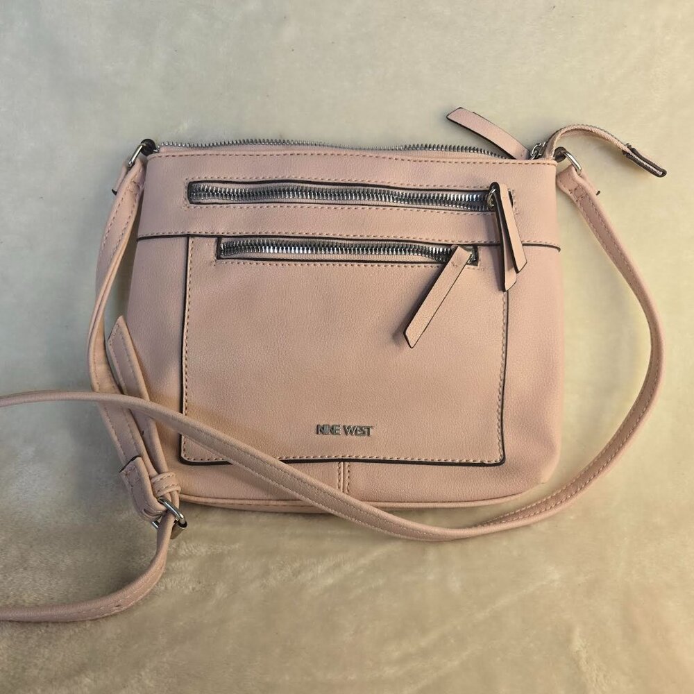 Nine West Light Pink Crossbody Bag With Adjustable Strap & Multiple Zipper Pocke